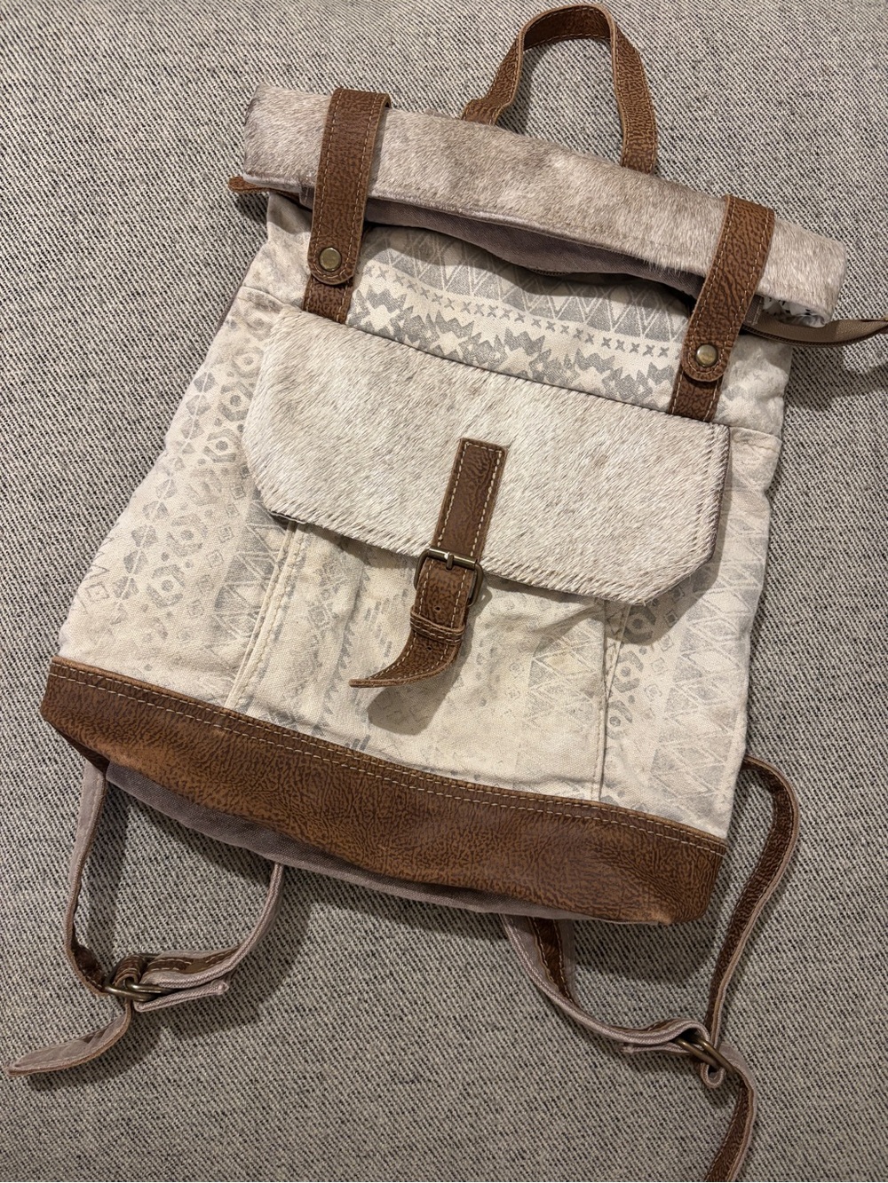 Myra Bag Neutral Patterned Roll-Top Backpack with Brown Trim